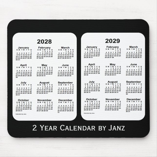 2028-2029 Black and White 2 Year Calendar by Janz Mouse Mat (Front)