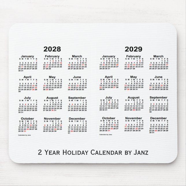 2028-2029 White 2 Year Holiday Calendar by Janz Mouse Mat (Front)