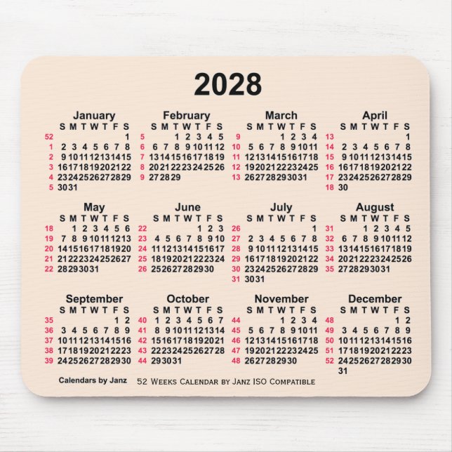 2028 Antique White 52 Weeks ISO Calendar by Janz Mouse Mat (Front)