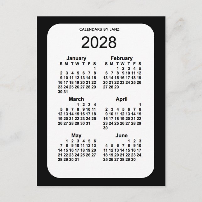 2028 Black 6 Month Mini Calendar by Janz Postcard (Front)