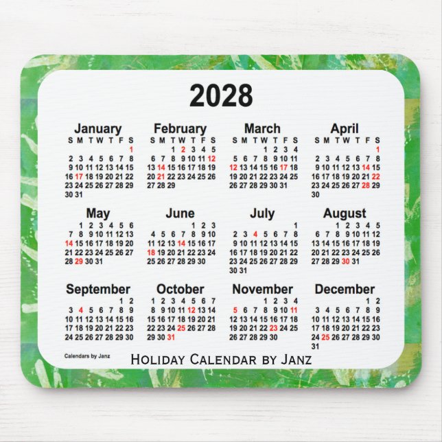 2028 Green Holiday Art Calendar by Janz Mouse Pad (Front)
