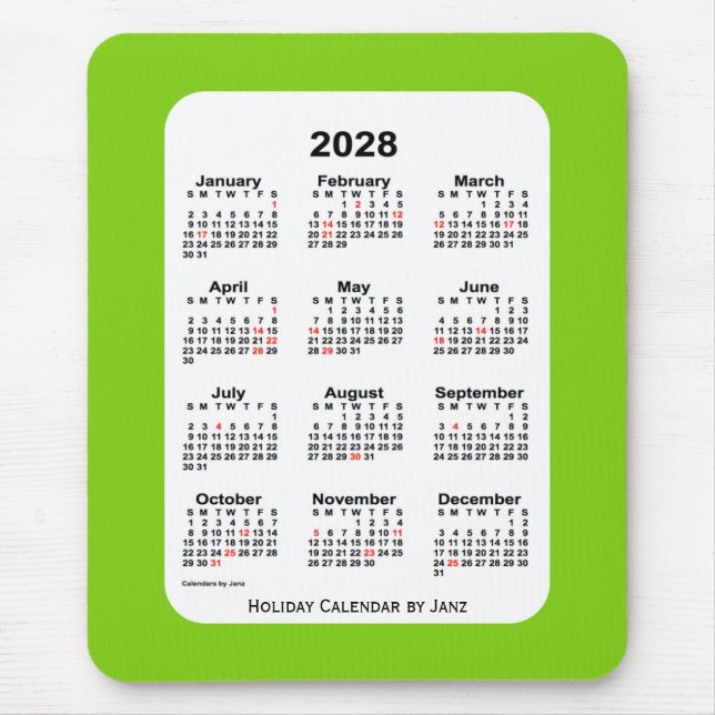 2028 Holiday Yellow Green Calendar by Janz Mouse Mat (Front)