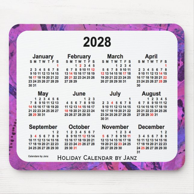 2028 Magenta Holiday Art Calendar by Janz Mouse Mat (Front)
