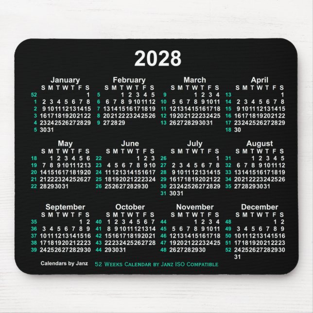 2028 Neon White 52 Weeks ISO Calendar by Janz Mouse Mat (Front)