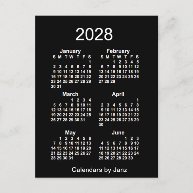 2028 Neon White 6 Month Mini Calendar by Janz Postcard (Front)