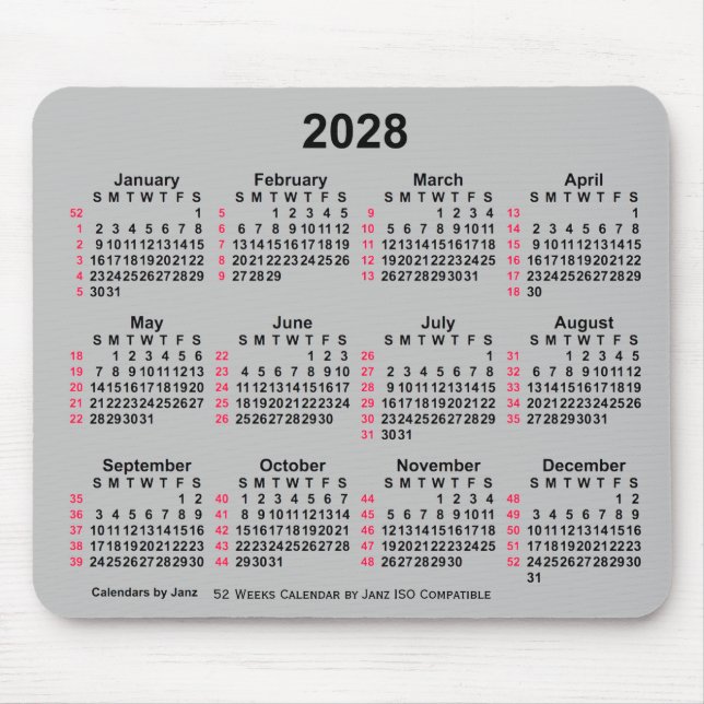 2028 Silver 52 Weeks ISO Calendar by Janz Mouse Mat (Front)