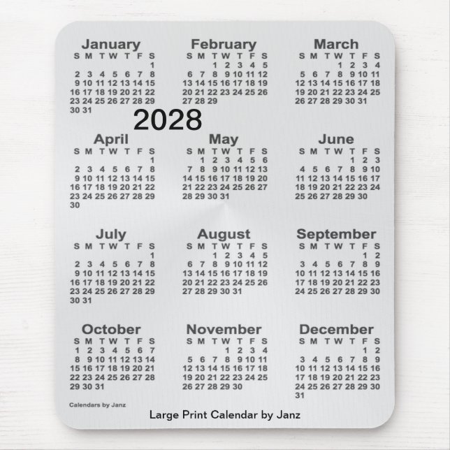 2028 Silver Large Print Calendar by Janz Mouse Mat (Front)