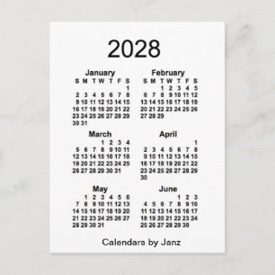 2028 White 6 Month Mini Calendar by Janz Postcard