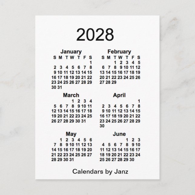 2028 White 6 Month Mini Calendar by Janz Postcard (Front)