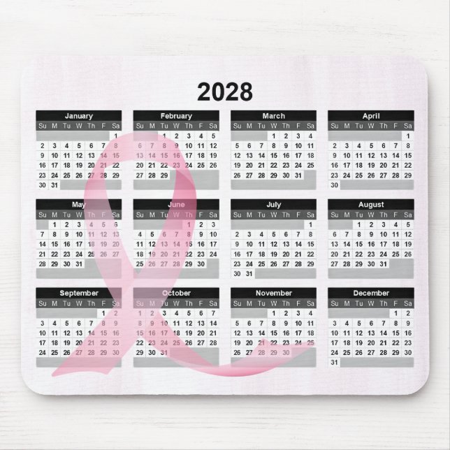 2028 Year Calendar Pink Ribbon Mouse Mat (Front)