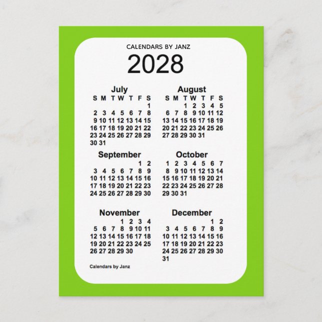 2028 Yellow Green 6 Month Mini Calendar by Janz Postcard (Front)