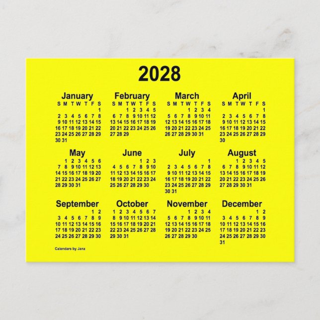 2028 Yellow Mini Calendar by Janz Postcard (Front)
