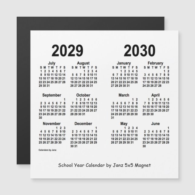 2029-2030 White School Year Calendar by Janz (Front/Back)