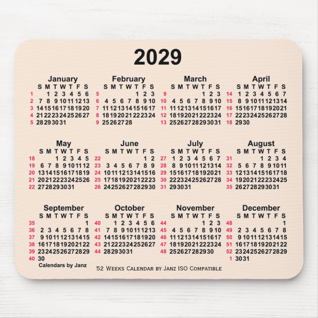 2029 Antique White 52 Weeks ISO Calendar by Janz Mouse Mat (Front)