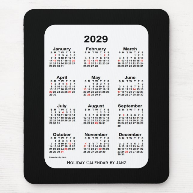 2029 Holiday Two Tone Black Calendar by Janz Mouse Mat (Front)