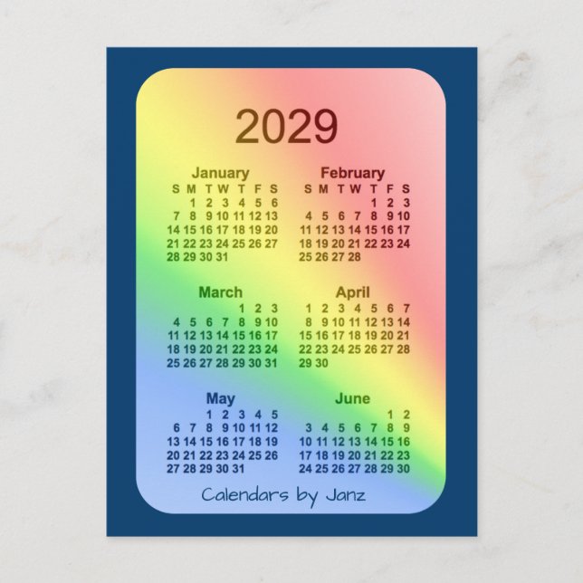 2029 Rainbow Blue 6 Month Mini Calendar by Janz Postcard (Front)