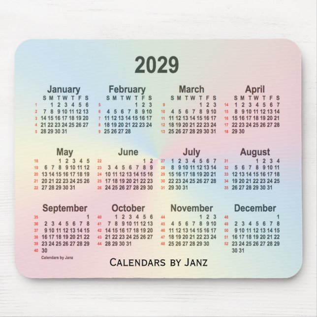 2029 Rainbow Cloud 52 Weeks Calendar by Janz Mouse Mat (Front)