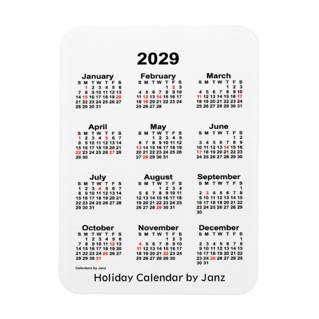 2029 White  Holiday Calendar by Janz Magnet (Vertical)