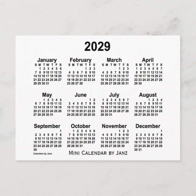 2029 White Mini Calendar by Janz Postcard (Front)