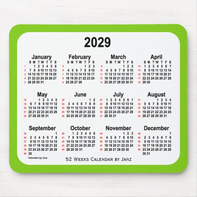 2029 Yellow Green 52 Weeks Calendar by Janz Mouse Mat (Front)