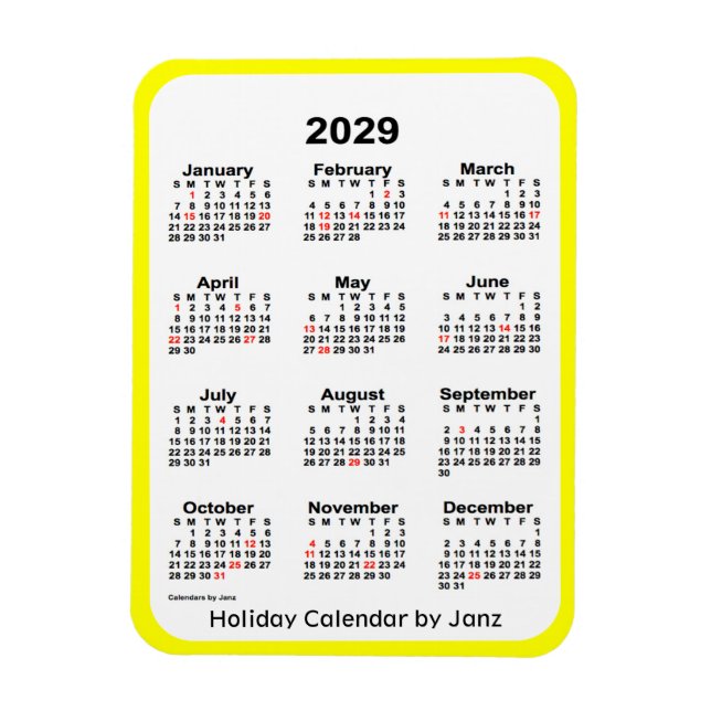 2029 Yellow Holiday Calendar by Janz Magnet (Vertical)
