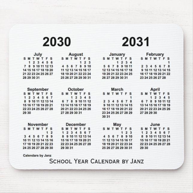 2030-2031 White School Year Calendar by Janz Mouse Mat (Front)