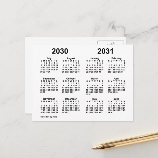 2030-2031 White School Year Calendar by Janz Postcard (Front/Back In Situ)