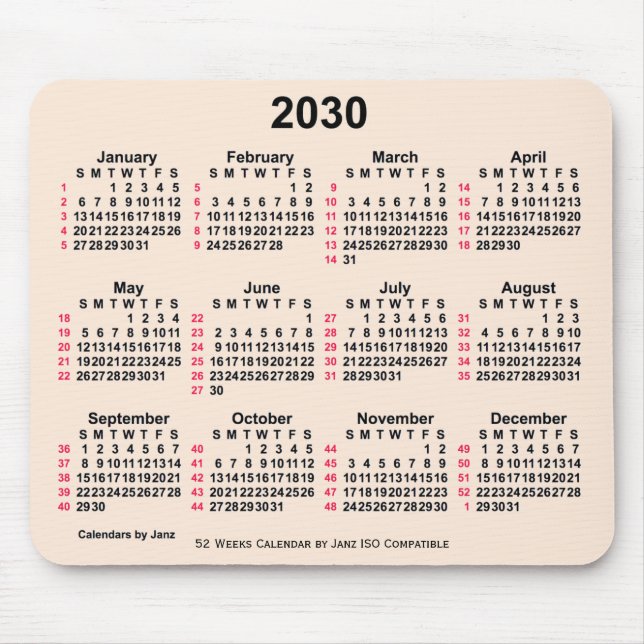2030 Antique White 52 Weeks ISO Calendar by Janz Mouse Mat (Front)