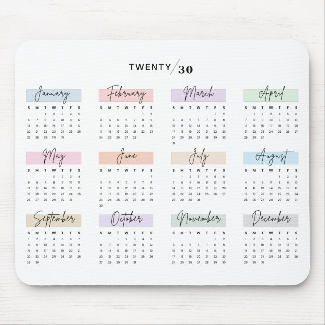 2030 FULL YEAR CALENDAR PASTEL HANDWRITTEN SCRIPT MOUSE MAT (Front)