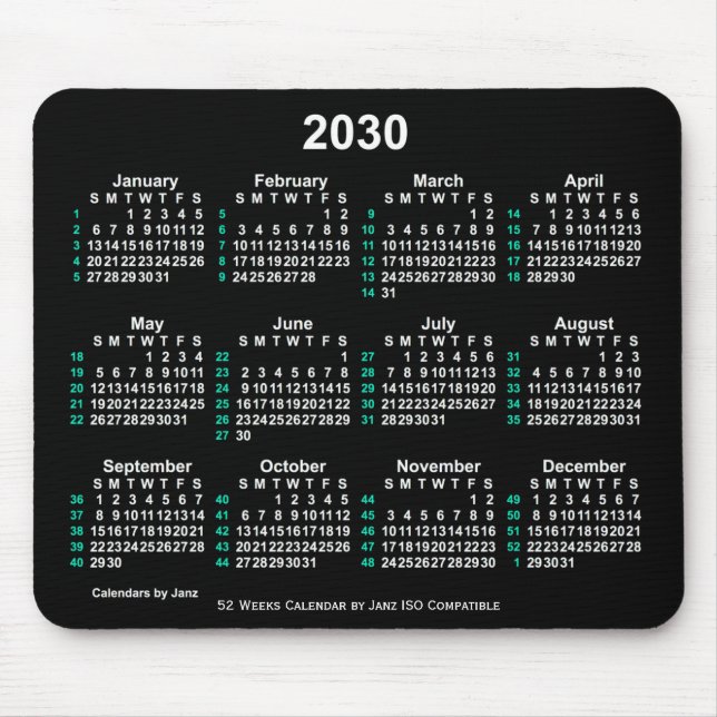 2030 Neon White 52 Weeks ISO Calendar by Janz Mouse Mat (Front)