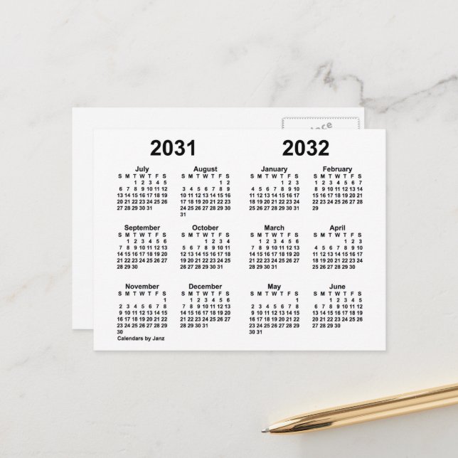 2031-2032 White School Year Calendar by Janz Postcard (Front/Back In Situ)