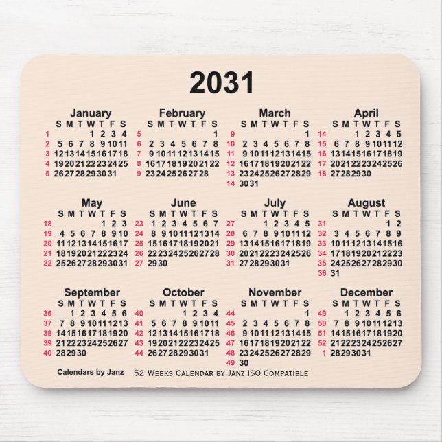 2031 Antique White 52 Weeks ISO Calendar by Janz Mouse Mat (Front)
