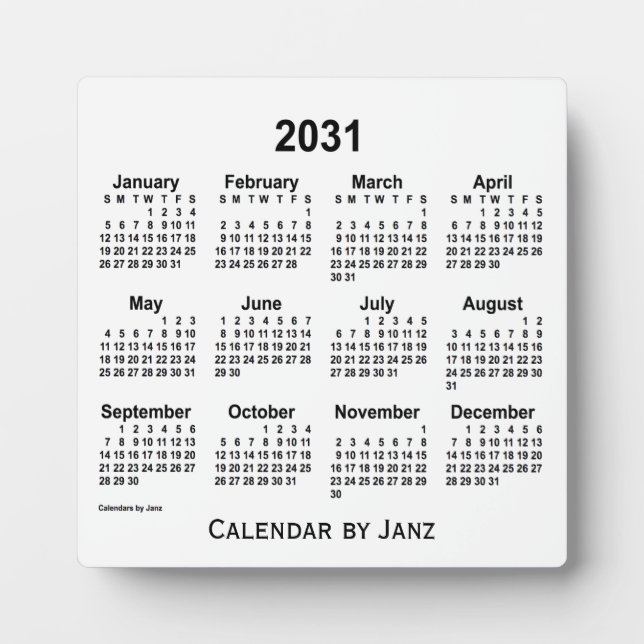 2031 White Desk Calendar by Janz Plaque (Front)