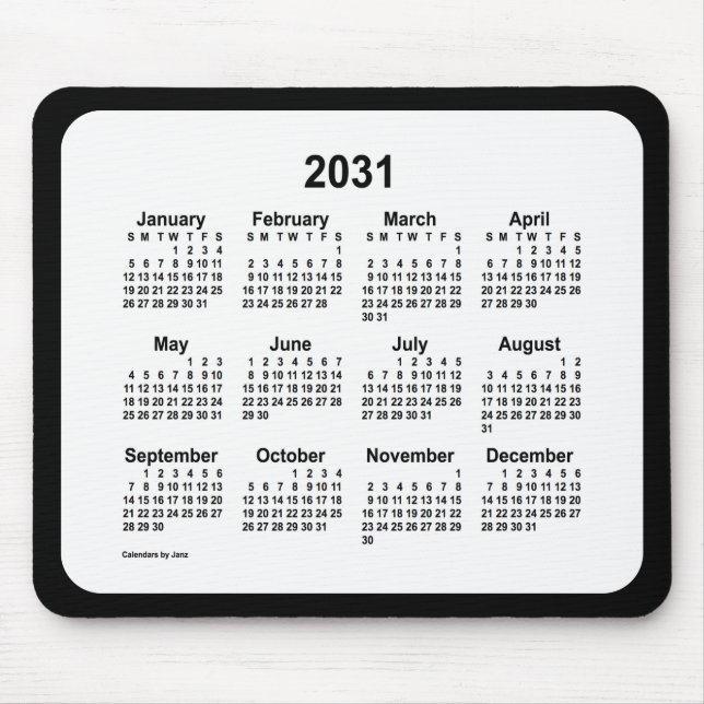2031 White on Black Calendar by Janz Two Tone Mouse Mat (Front)