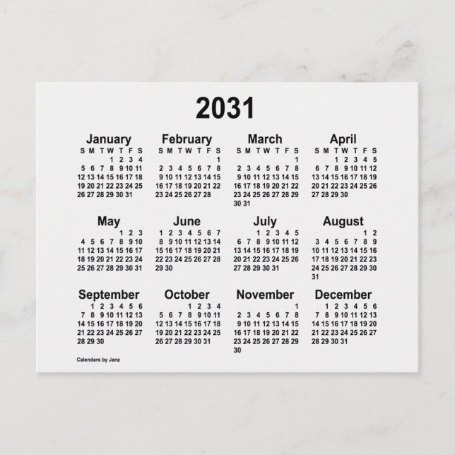 2031 White Smoke Mini Calendar by Janz Postcard (Front)