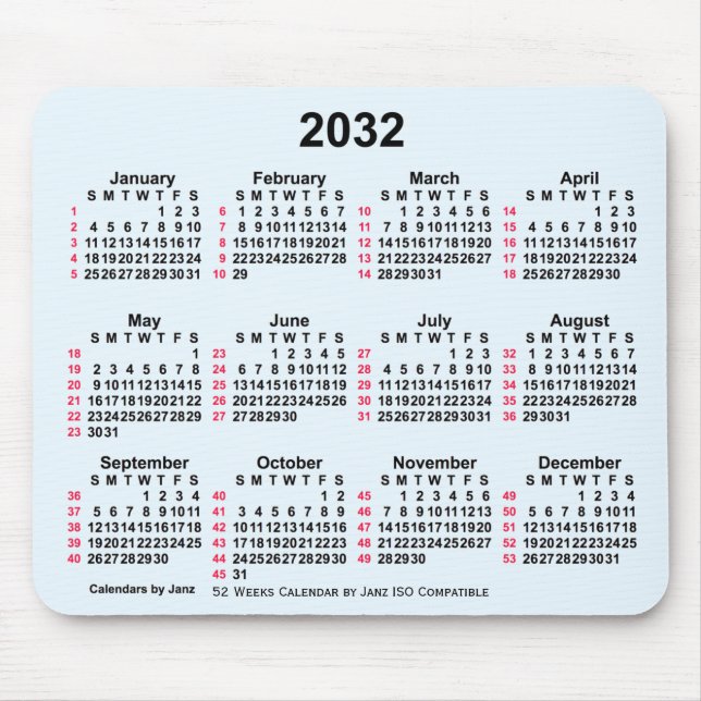 2032 Alice Blue 52 Weeks ISO Calendar by Janz Mouse Mat (Front)