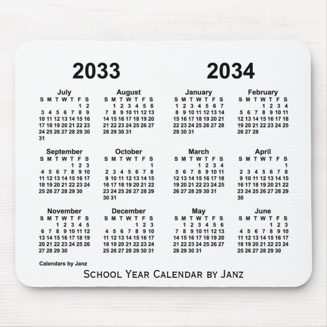 2033-2034 White School Year Calendar by Janz Mouse Mat (Front)