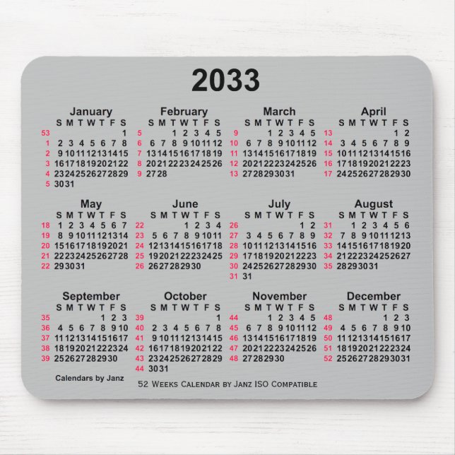 2033 Silver 52 Weeks ISO Calendar by Janz Mouse Mat (Front)