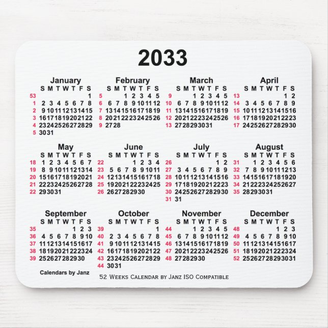 2033 White 52 Weeks ISO Calendar by Janz Mouse Mat (Front)