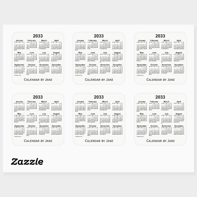 2033 White Calendar by Janz Square Sticker (Sheet)