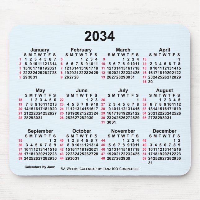 2034 Alice Blue 52 Weeks ISO Calendar by Janz Mouse Mat (Front)