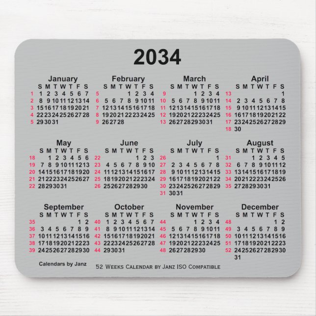 2034 Silver 52 Weeks ISO Calendar by Janz Mouse Mat (Front)