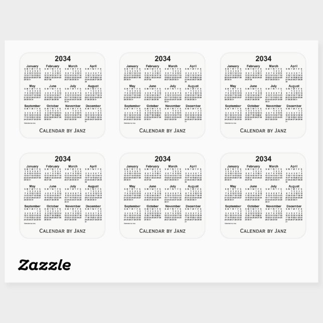 2034 White Calendar by Janz Square Sticker (Sheet)