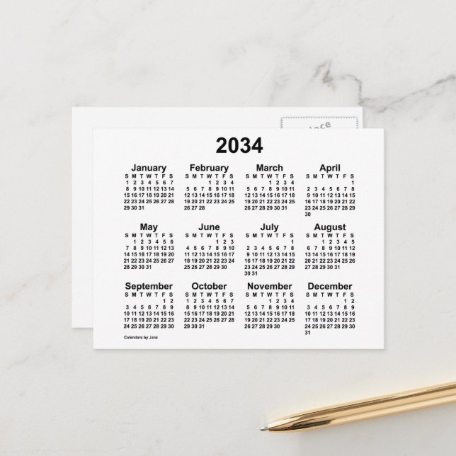 2034 White Mini Calendar by Janz Postcard (Front/Back In Situ)