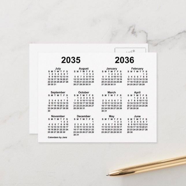 2035-2036 White School Year Calendar by Janz Postcard (Front/Back In Situ)