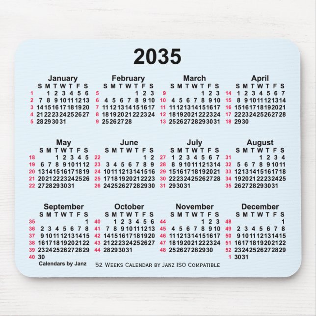 2035 Alice Blue 52 Weeks ISO Calendar by Janz Mouse Mat (Front)