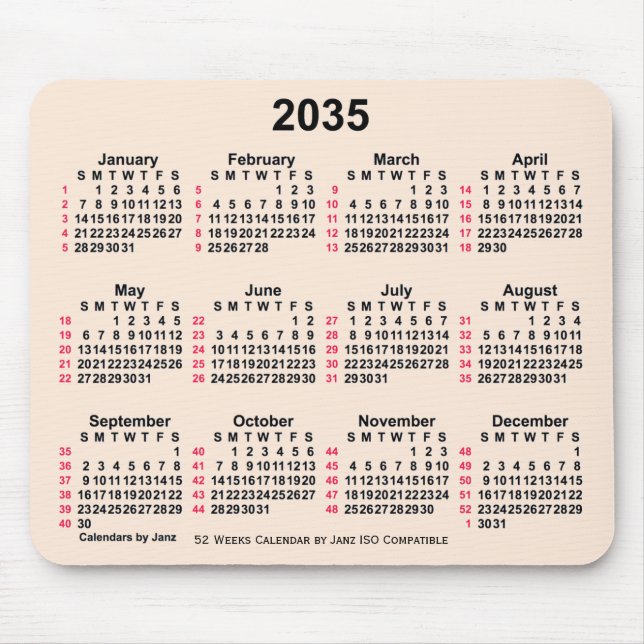 2035 Antique White 52 Weeks ISO Calendar by Janz Mouse Mat (Front)