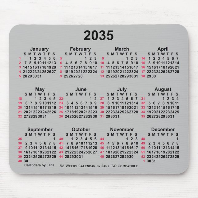 2035 Silver 52 Weeks ISO Calendar by Janz Mouse Mat (Front)