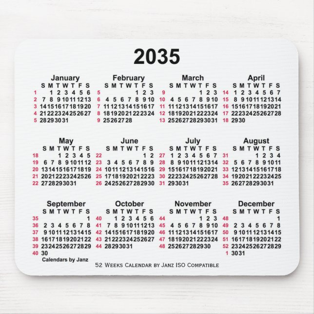 2035 White 52 Weeks ISO Calendar by Janz Mouse Mat (Front)