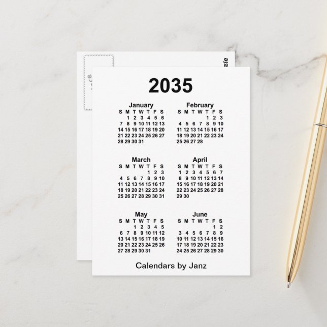 2035 White 6 Month Mini Calendar by Janz Postcard (Front/Back In Situ)